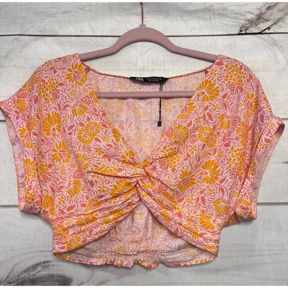 Zara Tops - Zara crop top Pink Floral orange Women's Blouse Short Sleeve size S